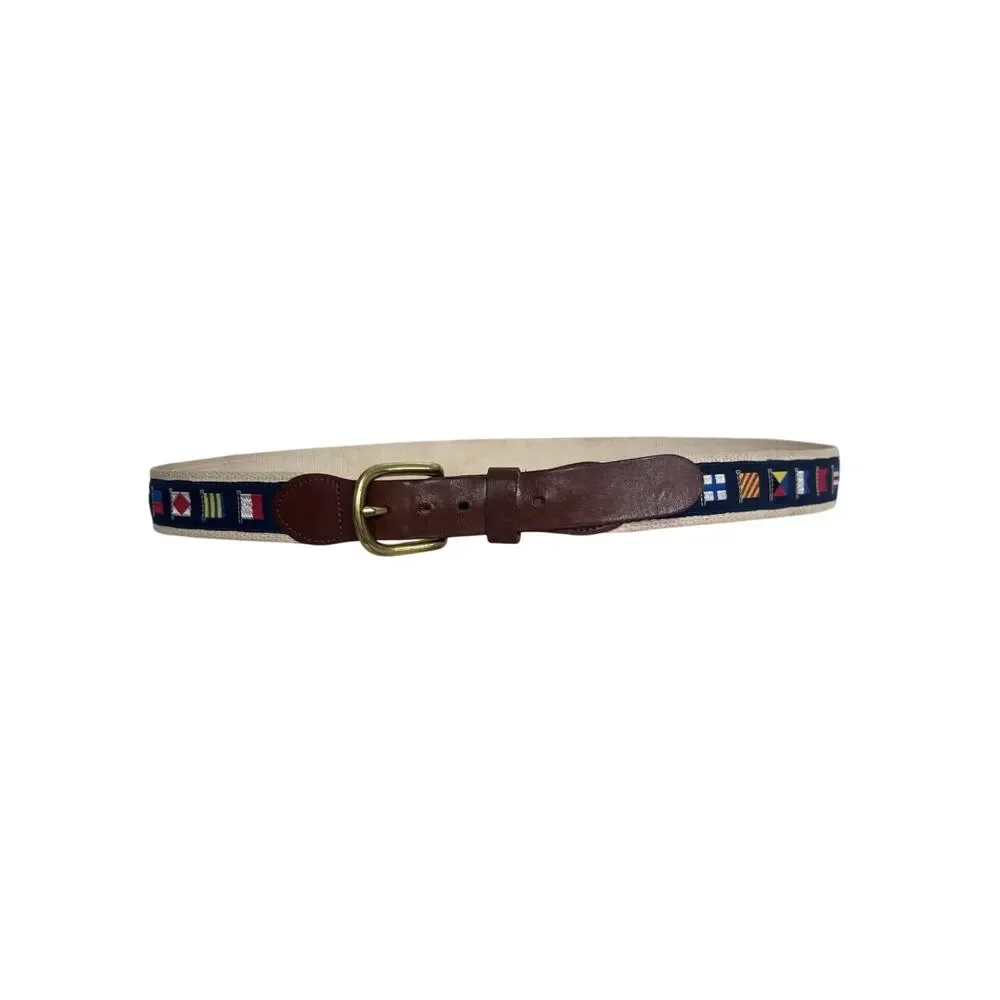 Leather Man Limited Men’s Leather Nautical Flag Belt Size 40 Blue Brass Buckle